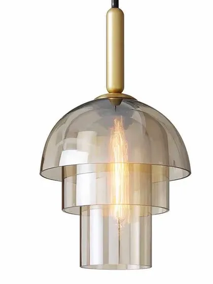 A single tiered glass pendant with a brass fitting. This design is inspired by classic mid-century modern lighting.