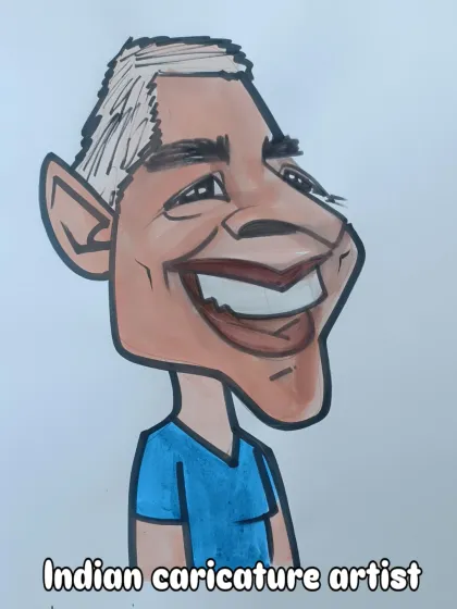 A classic caricature with a big, toothy grin. The blue shirt adds a nice splash of color.
