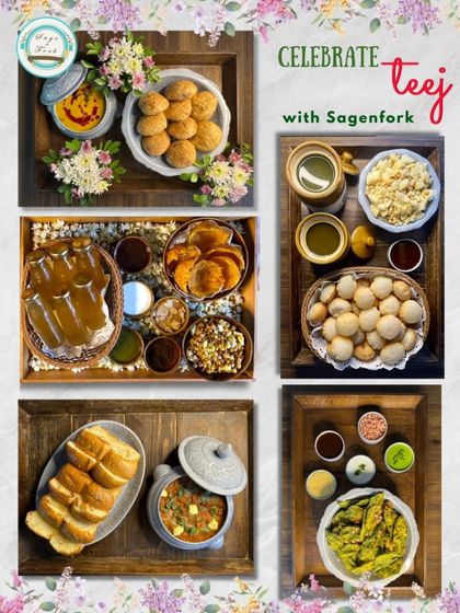 Our pre-plated festive platters for Teej & Rakhi are perfect for gifting or hosting. This collage shows a variety of our Indian platters, offering a hassle-free way to enjoy the festival.