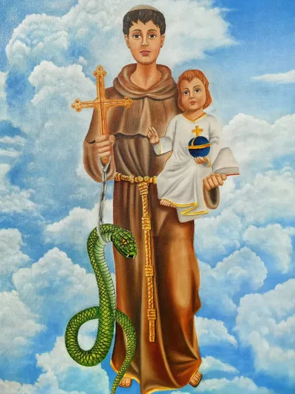 Another view of the finished Saint Anthony oil painting, displayed in natural light to show the true colors and details.