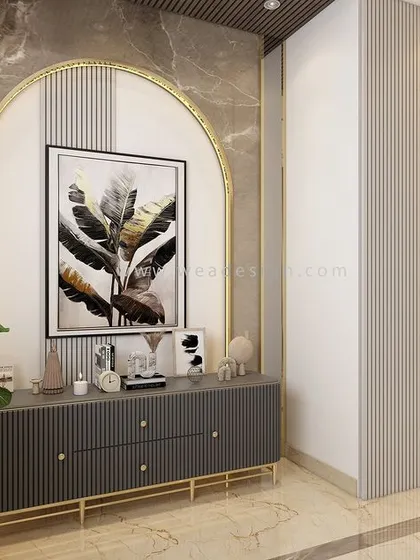 Another angle of the luxurious foyer, highlighting the intricate 3D wall panel and the elegant console table.