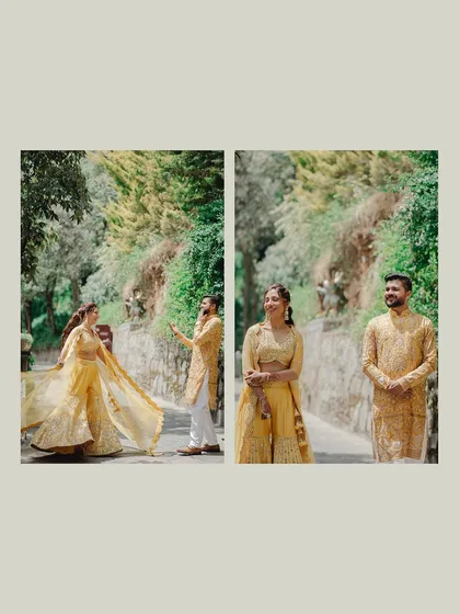 A diptych of the couple enjoying a lighthearted moment on a road surrounded by greenery during their Haldi celebration.