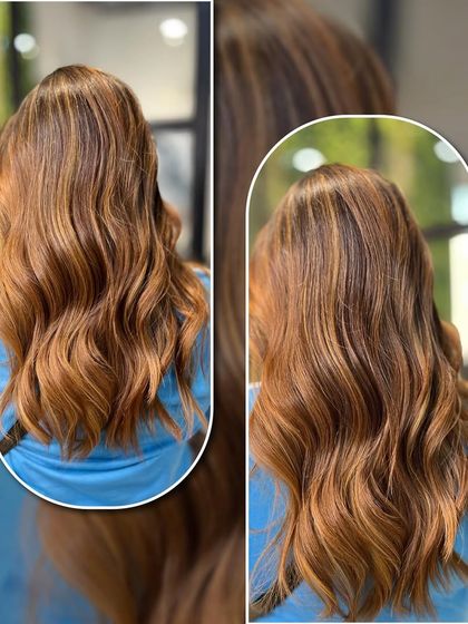 An Alexa hair edit from the salon. This image collage shows a beautiful copper-brown color styled in soft waves, a perfect example of the dream hair I create.