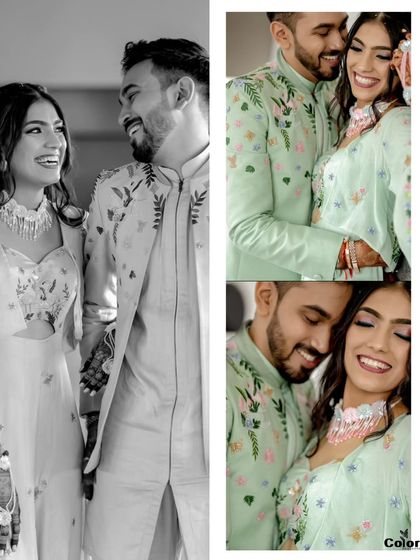 A split-frame edit, with a large black and white photo on one side and two smaller color photos on the other.