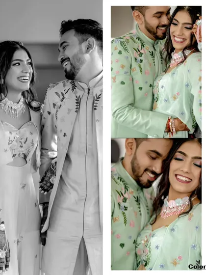 A split-frame edit, with a large black and white photo on one side and two smaller color photos on the other.