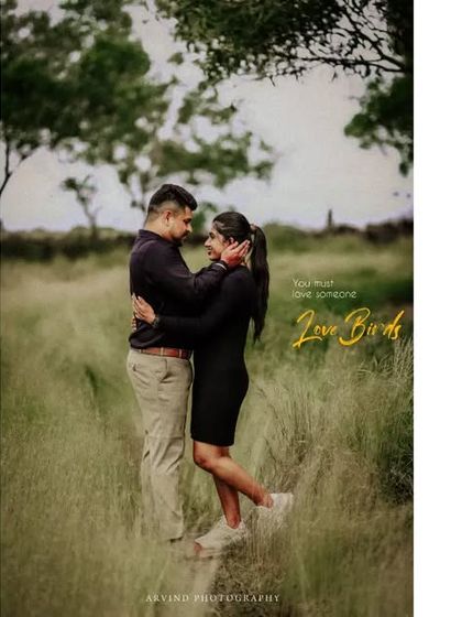 A romantic pre-wedding portrait of a couple embracing in a field, with the words 'Love Birds' elegantly scripted.