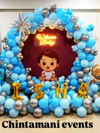 I created this adorable 'Welcome Baby' setup for a newborn boy's homecoming. The decor features a blue and silver balloon ring, a cute baby graphic, a neon sign, and the baby's name in large foil letters, making for a heartwarming welcome.