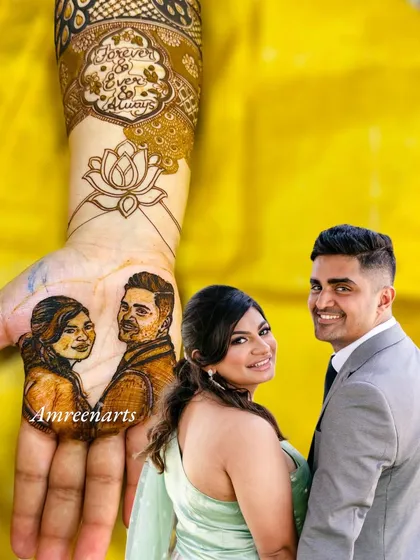 Another example of matching the henna portrait to the client's photo, with the phrase 'Forever & Ever & Always' etched above.