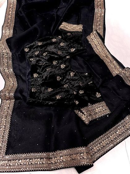 A look at my Sabyasachi-inspired collection. These sets feature pure organza sarees with detailed borders, paired with luxurious velvet designer blouses. They are available in a range of beautiful colors like brown, navy, green, black, yellow, purple, and off-white.