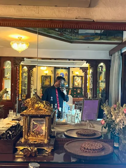 A mirror selfie capturing the beautiful, intimate setup for a Mehendi and cocktail party at a client's home in Chembur. We can transform any space into a stylish bar area.
