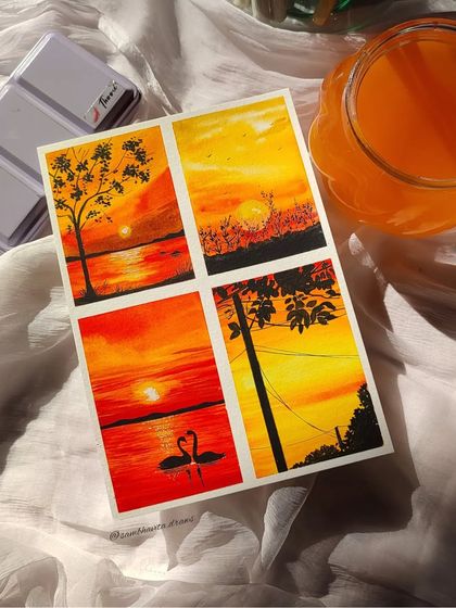 A collage of four mini-paintings all focused on orange-hued sunsets. I love exploring a single color palette like this.