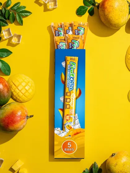 This flatlay for Fruitchill was designed to be bright, organized, and full of appetite appeal. By arranging fresh mangoes, ice cubes, and leaves around the product, we created a visually engaging composition that tells the story of the product's natural, fruity flavor in a single glance.