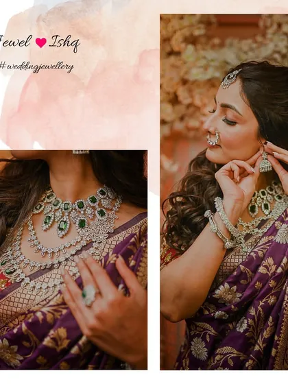 A detailed shot of the layered diamond and emerald necklace paired with a traditional Marathi saree. This shows how you can mix classic and modern elements to create a unique bridal look.