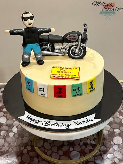 Another view of the Leh Ladakh biker cake, showing the fun and personal details we included to make it extra special.