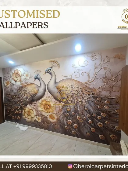 Another view of the beautiful custom peacock wallpaper, showing how it transforms an entire bedroom wall.