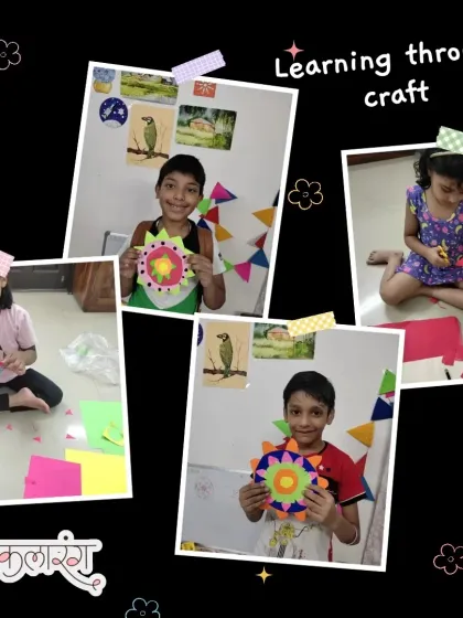 This collage shows how I integrate craft activities to teach different concepts. From cutting and pasting to creating layered designs, these projects are all about learning through making.