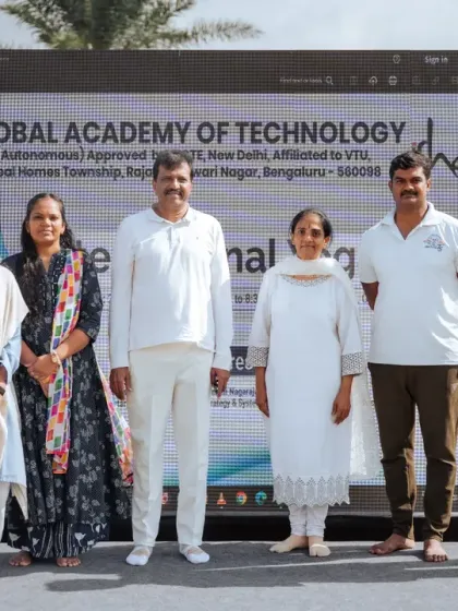 Standing with the faculty and fellow teachers at the Global Academy of Technology. It was wonderful to see the organization's commitment to making yoga an ongoing process for their community.