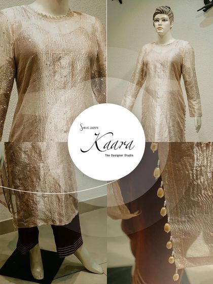 A collage showcasing our elegant net kurti set. The shimmering, textured fabric of the kurta is complemented by pearl details on the sleeve and paired with contrasting trousers for a chic, modern look.