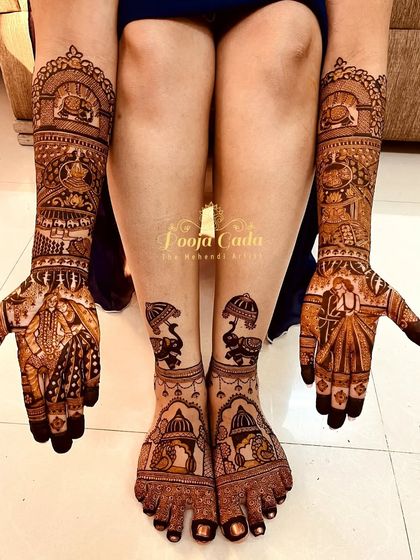The complete bridal set, with Western and traditional fusion portraits on the hands and matching intricate patterns on the feet.