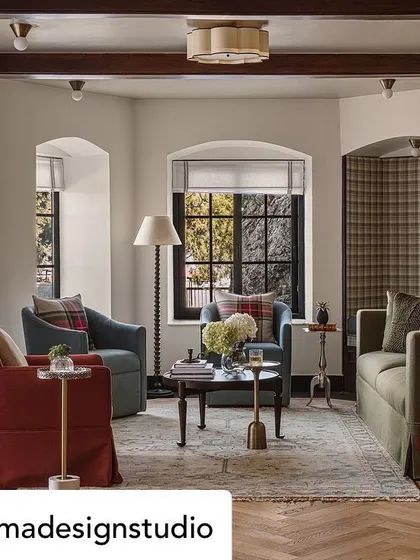 Another view of the Airyland Estate project in Mussoorie, featured in Architectural Digest. Our custom-made furniture, including the olive green sofas and plaid-accented armchairs, helped bring the designer's vision of a classic, cozy retreat to life.