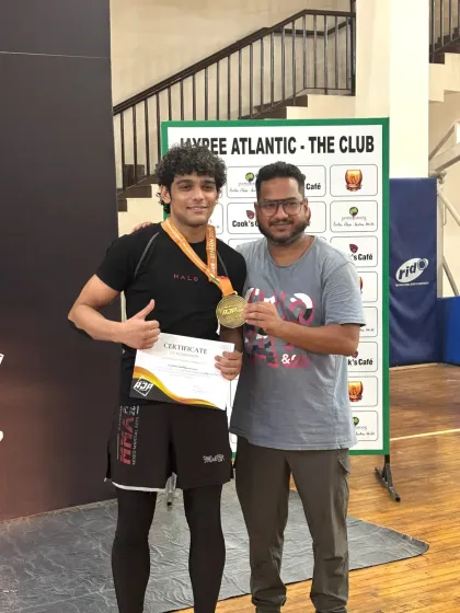 Our student Aks proudly displaying his gold medal from the AJP Tour India National Jiu-Jitsu Championship. A fantastic win in the Men's No-Gi 62kg category.
