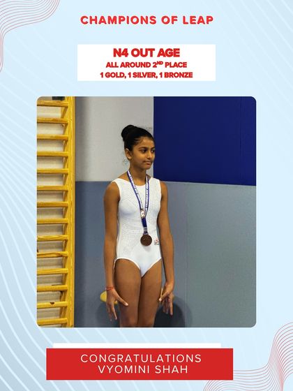A fantastic achievement for Vyomini Shah, who secured 2nd place All Around in the N4 Out Age category with 1 gold, 1 silver, and 1 bronze medal.
