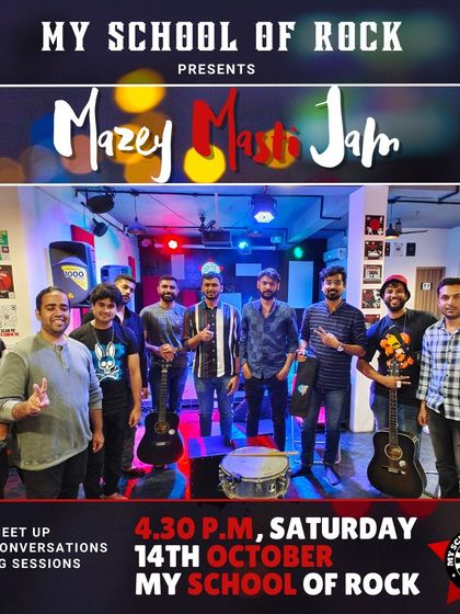 Another group shot from a 'Mazey Masti Jam,' showing musicians and enthusiasts gathered for a fun evening of music.