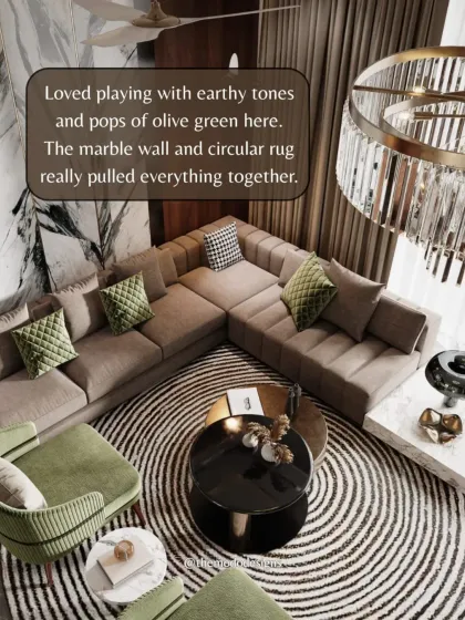 We loved playing with earthy tones and pops of olive green in this living room. The dramatic marble wall and circular rug were key elements that pulled the entire look together into a cohesive, luxurious space.