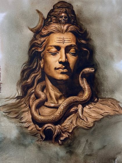 A slightly different angle of the Mahadev watercolor, showing the texture of the paper and the subtle shifts in the monochrome washes.