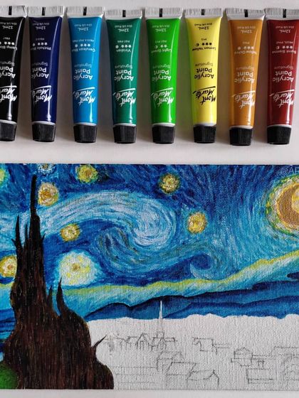 The first WIP of my "Starry Night" painting, with the sky and cypress tree finished.