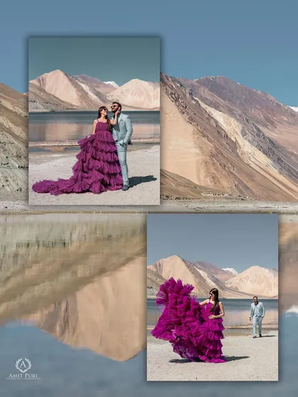 Another creative collage from the Leh pre-wedding shoot. It combines a playful moment with a wide, reflective shot, demonstrating the variety of artistic compositions we can achieve in one location.