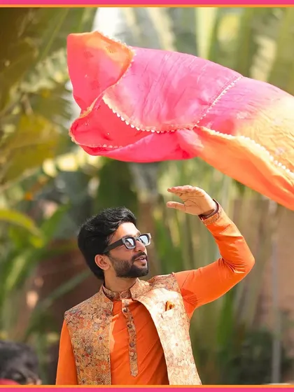 The groom, Anuj, looking sharp and stylish for his Mehendi celebration. We help you plan your look for every single function.