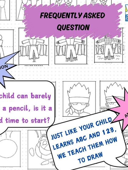 A frequently asked question is whether a child who can barely hold a pencil is ready to start. The answer is yes. Just as they learn ABCs, we teach them the basic building blocks of drawing.
