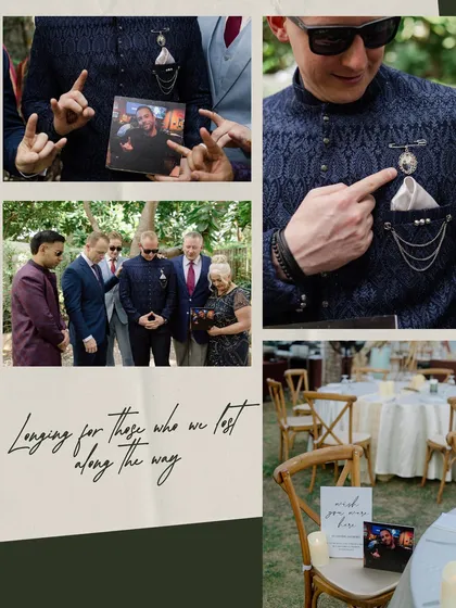 "Longing for those who we lost along the way." A touching collage showing how the groom honored a loved one who couldn't be there, keeping their memory alive on his special day.
