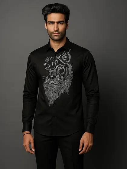 A medium shot of the lion shirt, showing how the design is placed asymmetrically for a modern, artistic feel. This is a key piece for any dapper wardrobe.
