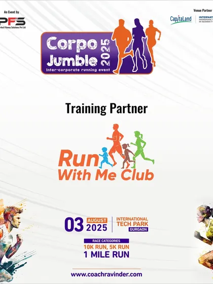 As the Training Partner for Corpo Jumble 2025, we help corporate teams get race-ready. This graphic details the inter-corporate running event at International Tech Park, Gurgaon.