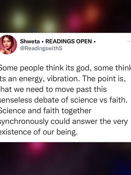 A screenshot of my tweet on the science vs. faith debate. "Some people think it's god, some think it's an energy, a vibration. The point is, we need to move past this senseless debate." Science and faith together can answer our existence.