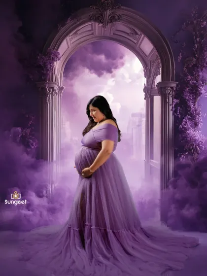A dramatic and moody portrait using purple smoke and a gothic archway. This creative setup is for clients who want a unique, high-fashion maternity photo.
