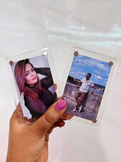 Here's another look at my custom acrylic fridge magnets. They are held together by small, strong magnets, making it easy to swap out photos whenever you like.