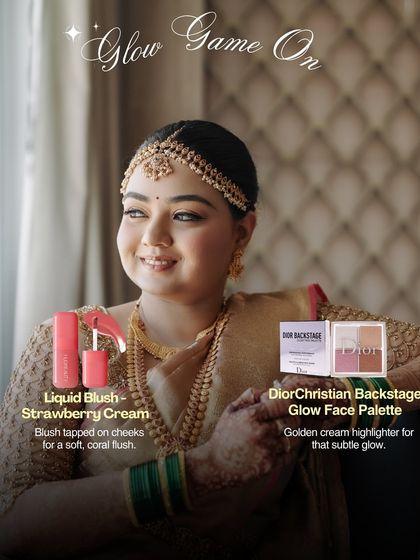 Glow game on. To add a beautiful flush and highlight, we used a liquid blush for a soft, coral tint and the Dior Backstage Glow Face Palette for a subtle, golden cream highlight.