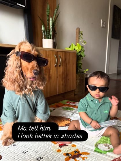Sibling rivalry, but make it fashion. Posto and Pablo rocking their matching sunglasses, each trying to out-cool the other.