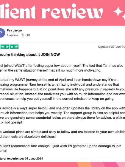 A 5-star review from Pea Jay: "If you're thinking about it JOIN NOW. I just joined WLWT after feeling super low about myself. The fact that Tarn has also been in the same situation herself made it so much more motivating."