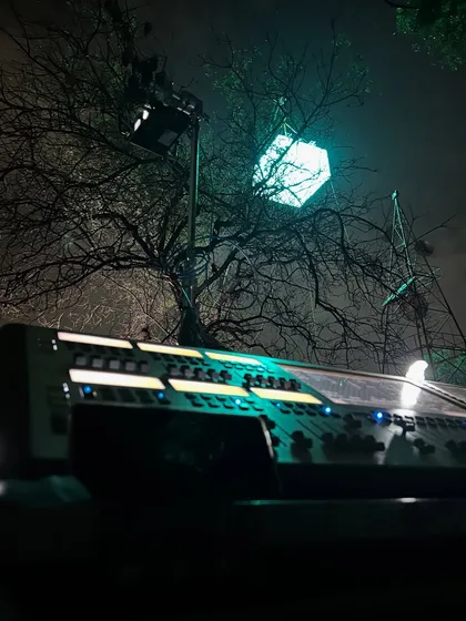 A close-up of the lighting control board on the 'Kishkindhapuri' set, with the moonbox visible in the background. This is where our technicians fine-tune the color and intensity.