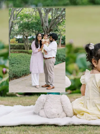 A collage showing the details of the lotus-themed first birthday shoot, from the family portrait to the baby's dress.