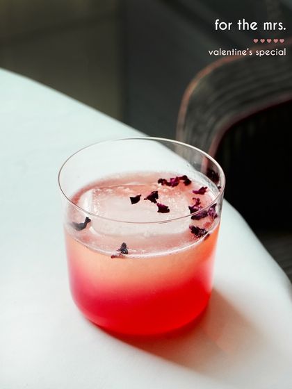 The "For the Mrs." was another Valentine's special, a beautiful two-toned cocktail garnished with rose petals. It was designed to be an irresistibly smooth and romantic pour for the occasion.