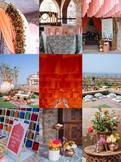 A collage of the vibrant orange and pink decor from a Mehendi ceremony at Fort Neemrana.