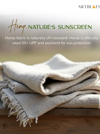 Hemp is nature's sunscreen. This image explains how hemp fabric is naturally UV-resistant with a 50+ UPF rating, making it an excellent choice for sun protection.