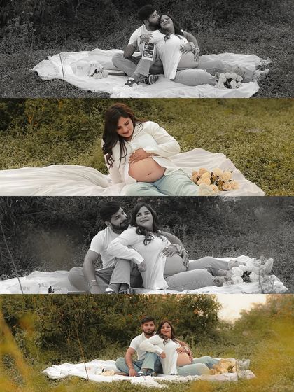 This collage captures the essence of a romantic outdoor picnic session. It includes both color and black and white shots, showing the couple's interactions and solo moments.