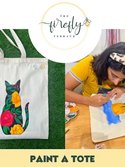 Why buy a tote bag when you can design your own? Our tote bag painting kits let you wear your art. This shows a finished floral cat design next to an artist painting a horse. It’s a perfect project for a weekend afternoon.