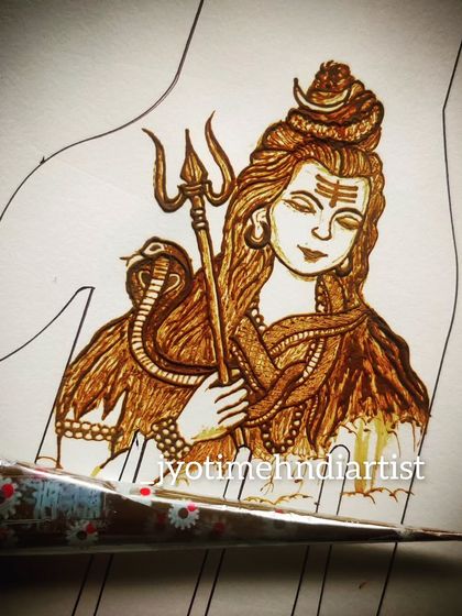 A practice sketch of a detailed Lord Shiva portrait, showcasing the intricate line work possible with a henna cone.